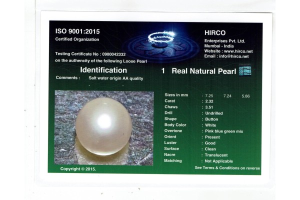 HIRCO Enterprises Pvt Ltd Report for 2.32 cts Natural Pearl (Moti)