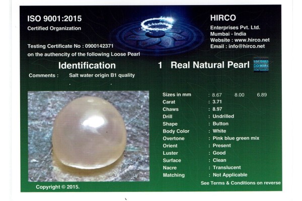 HIRCO Enterprises Pvt Ltd Report for 3.71 cts Natural Pearl (Moti)