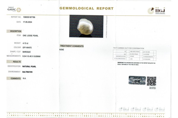 IIGJ Research & Laboratories | GJEPC Report for 4.13 cts Natural Pearl (Moti)