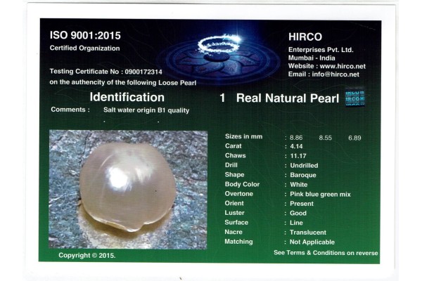HIRCO Enterprises Pvt Ltd Report for 4.13 cts Natural Pearl (Moti)