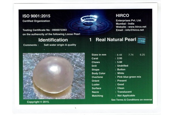 HIRCO Enterprises Pvt Ltd Report for 2.94 cts Natural Pearl (Moti)