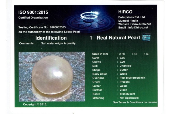 HIRCO Enterprises Pvt Ltd Report for 2.86 cts Natural Pearl (Moti)
