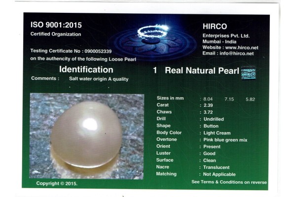 HIRCO Enterprises Pvt Ltd Report for 2.39 cts Natural Pearl (Moti)