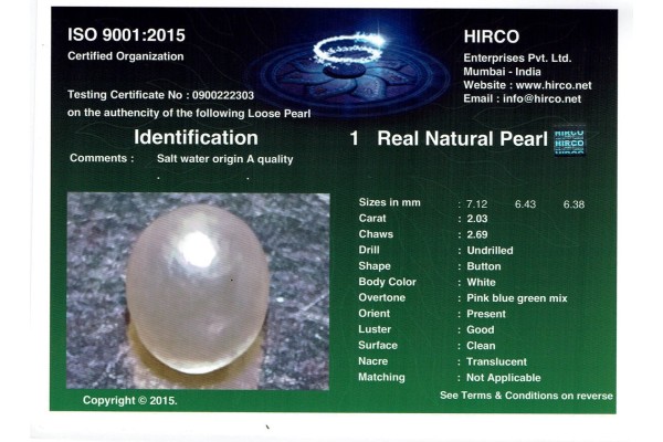 HIRCO Enterprises Pvt Ltd Report for 2.03 cts Natural Pearl (Moti)