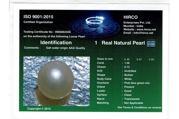 HIRCO Enterprises Pvt Ltd Report for 1.06 cts Natural Pearl (Moti)