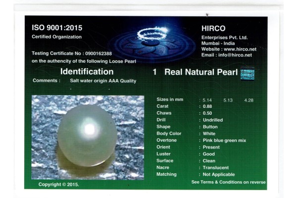 HIRCO Enterprises Pvt Ltd Report for .88 ct Natural Pearl (Moti)