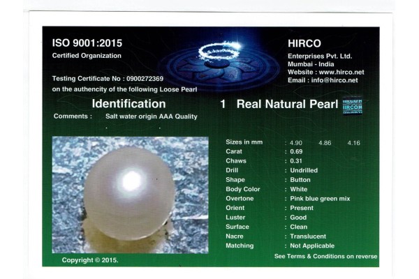 HIRCO Enterprises Pvt Ltd Report for .69 ct Natural Pearl (Moti)