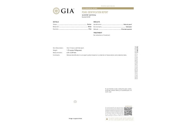 Gemological Institute of America Report for 1.75 cts Natural Pearl (Moti)