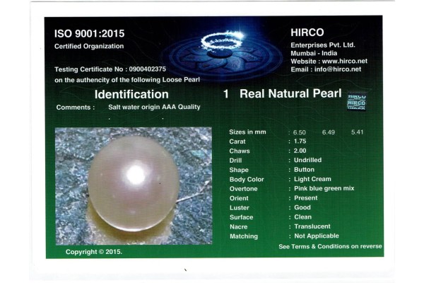 HIRCO Enterprises Pvt Ltd Report for 1.75 cts Natural Pearl (Moti)