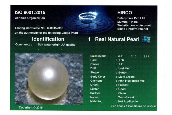  Report for 2.88 cts Natural Pearl (Moti) - Earring Pair