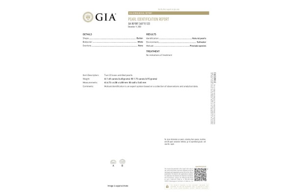 Gemological Institute of America Report for 3.38 cts Natural Pearl (Moti) - Earring Pair