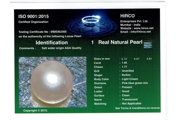  Report for 3.38 cts Natural Pearl (Moti) - Earring Pair
