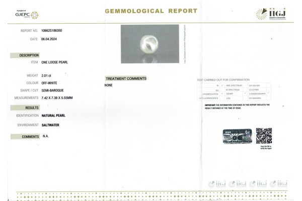 IIGJ Research & Laboratories | GJEPC Report for 2.01 cts Natural Pearl (Moti)