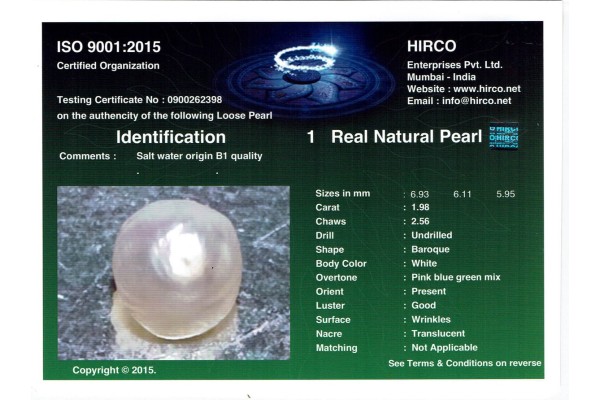 HIRCO Enterprises Pvt Ltd Report for 1.98 cts Natural Pearl (Moti)