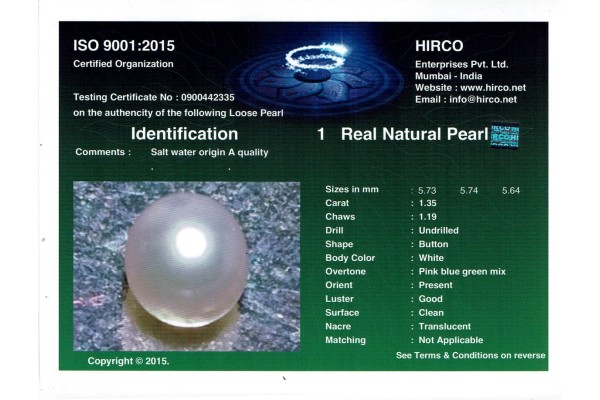 HIRCO Enterprises Pvt Ltd Report for 1.35 cts Natural Pearl (Moti)