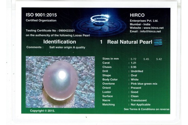 HIRCO Enterprises Pvt Ltd Report for 1.21 cts Natural Pearl (Moti)