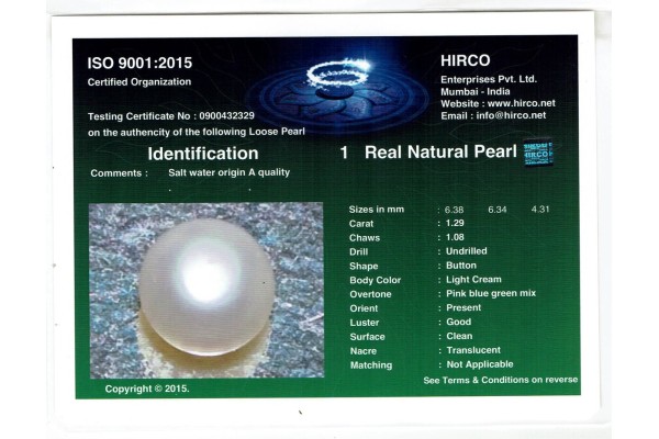 HIRCO Enterprises Pvt Ltd Report for 1.29 cts Natural Pearl (Moti)