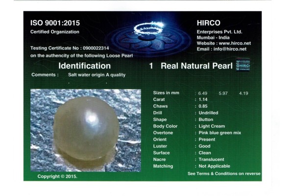 HIRCO Enterprises Pvt Ltd Report for 1.14 cts Natural Pearl (Moti)