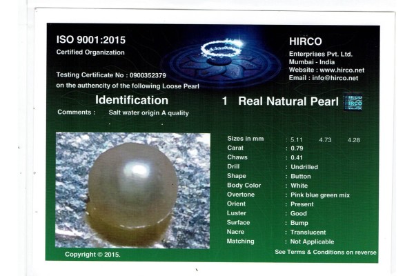 HIRCO Enterprises Pvt Ltd Report for .79 ct Natural Pearl (Moti)