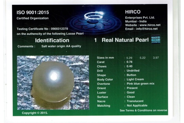 HIRCO Enterprises Pvt Ltd Report for 1.57 cts Natural Pearl (Moti) - Earring Pair