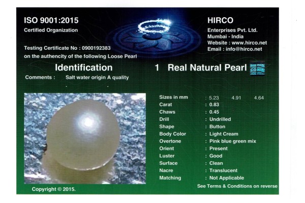 HIRCO Enterprises Pvt Ltd Report for 1.59 cts Natural Pearl (Moti) - Earring Pair