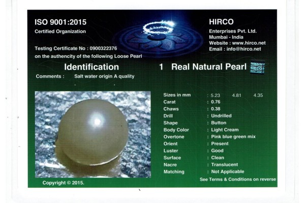  Report for 1.59 cts Natural Pearl (Moti) - Earring Pair