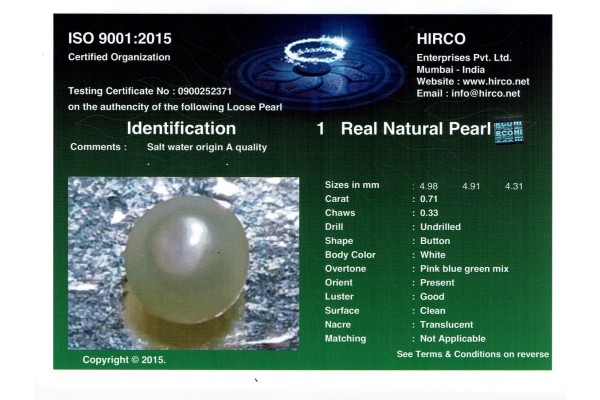 HIRCO Enterprises Pvt Ltd Report for .71 ct Natural Pearl (Moti)