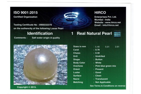 HIRCO Enterprises Pvt Ltd Report for .78 ct Natural Pearl (Moti)