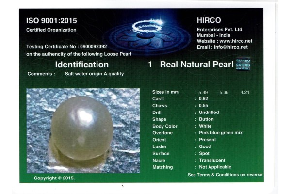 HIRCO Enterprises Pvt Ltd Report for .92 ct Natural Pearl (Moti)