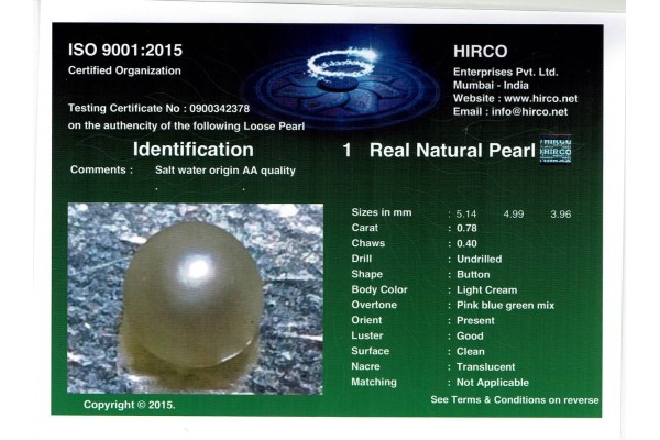 HIRCO Enterprises Pvt Ltd Report for .78 ct Natural Pearl (Moti)