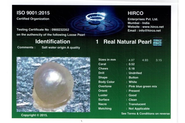 HIRCO Enterprises Pvt Ltd Report for .52 ct Natural Pearl (Moti)