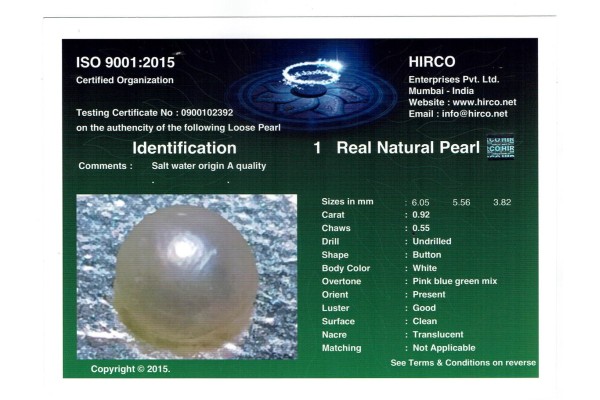 HIRCO Enterprises Pvt Ltd Report for .92 ct Natural Pearl (Moti)