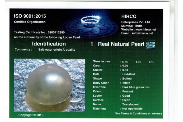 HIRCO Enterprises Pvt Ltd Report for .9 ct Natural Pearl (Moti)