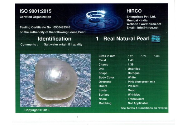 HIRCO Enterprises Pvt Ltd Report for 1.46 cts Natural Pearl (Moti)
