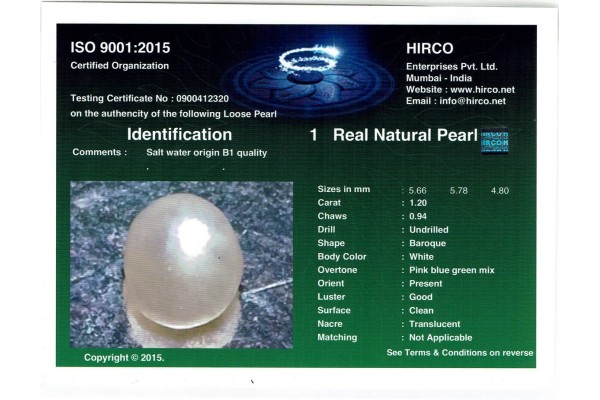 HIRCO Enterprises Pvt Ltd Report for 1.2 cts Natural Pearl (Moti)