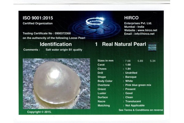 HIRCO Enterprises Pvt Ltd Report for 1.68 cts Natural Pearl (Moti)