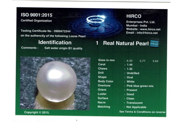 HIRCO Enterprises Pvt Ltd Report for 1.44 cts Natural Pearl (Moti)