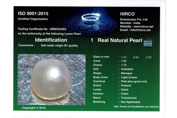 HIRCO Enterprises Pvt Ltd Report for 1.63 cts Natural Pearl (Moti)