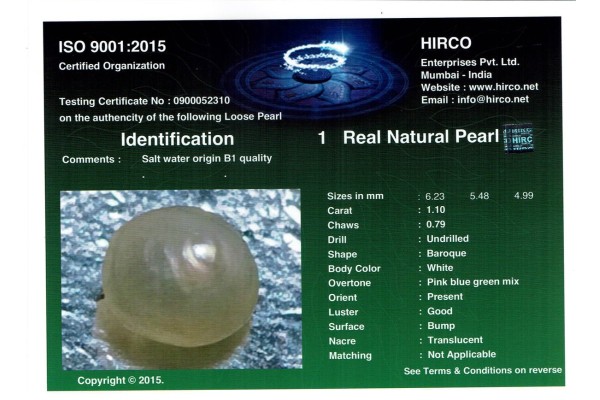HIRCO Enterprises Pvt Ltd Report for 1.1 cts Natural Pearl (Moti)
