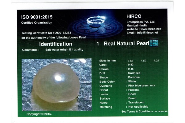 HIRCO Enterprises Pvt Ltd Report for .83 ct Natural Pearl (Moti)