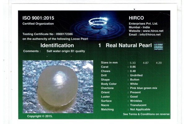 HIRCO Enterprises Pvt Ltd Report for .86 ct Natural Pearl (Moti)