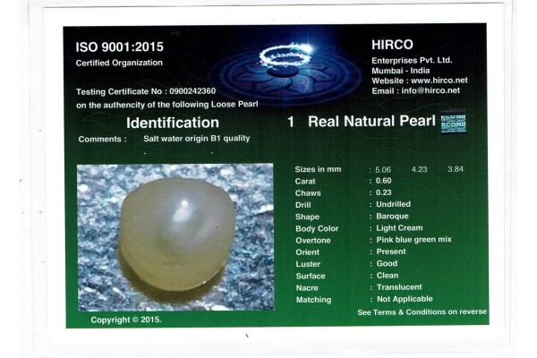 HIRCO Enterprises Pvt Ltd Report for .6 ct Natural Pearl (Moti)