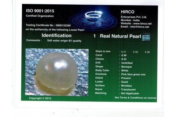 HIRCO Enterprises Pvt Ltd Report for .9 ct Natural Pearl (Moti)