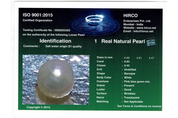 HIRCO Enterprises Pvt Ltd Report for .83 ct Natural Pearl (Moti)