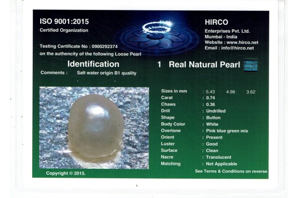 HIRCO Enterprises Pvt Ltd Report for .74 ct Natural Pearl (Moti)