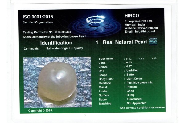 HIRCO Enterprises Pvt Ltd Report for .75 ct Natural Pearl (Moti)