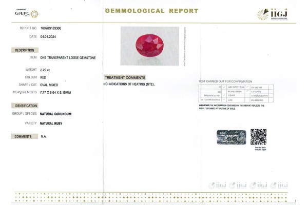 IIGJ Research & Laboratories | GJEPC Report for 2.22 cts Unheated Natural Ruby (Manikya)