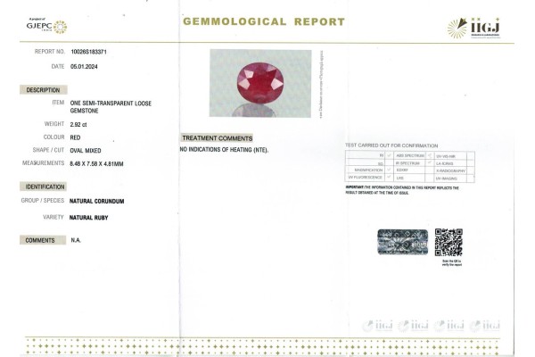 IIGJ Research & Laboratories | GJEPC Report for 2.92 cts Unheated Natural Ruby (Manikya)
