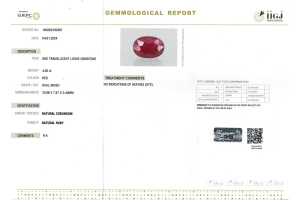 IIGJ Research & Laboratories | GJEPC Report for 4.28 cts Unheated Natural Ruby (Manikya)