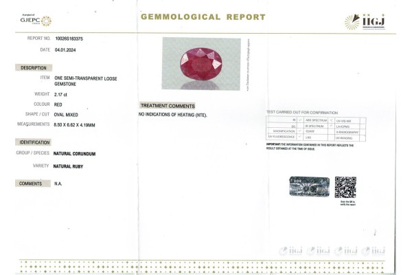 IIGJ Research & Laboratories | GJEPC Report for 2.17 cts Unheated Natural Ruby (Manikya)